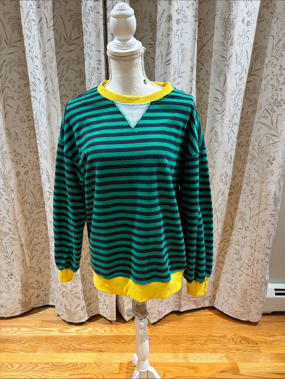 Women’s oversized  Green & Black Striped Sweater with Yellow Trim size small